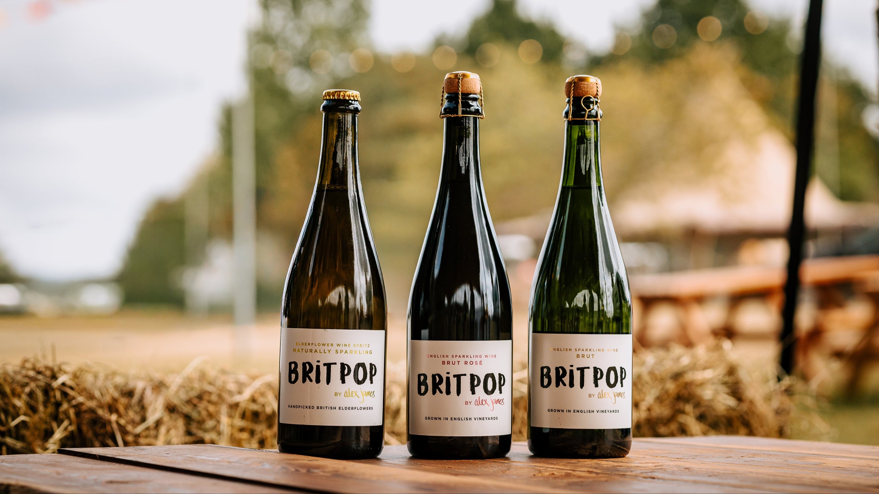 Three bottles of Britpop beer on a wooden table with a blurred outdoor background